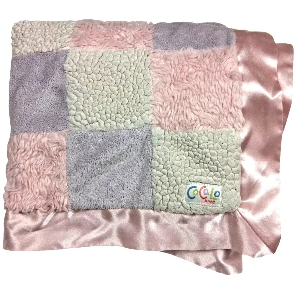 CoCalo Baby Girl Pink Purple Beige Patchwork Blanket Satin Trim Squares Sherpa